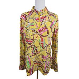 Icikuls 1/4 Zip Top Size L Yellow Equestrian Print Long Sleeve Preppy Golf
